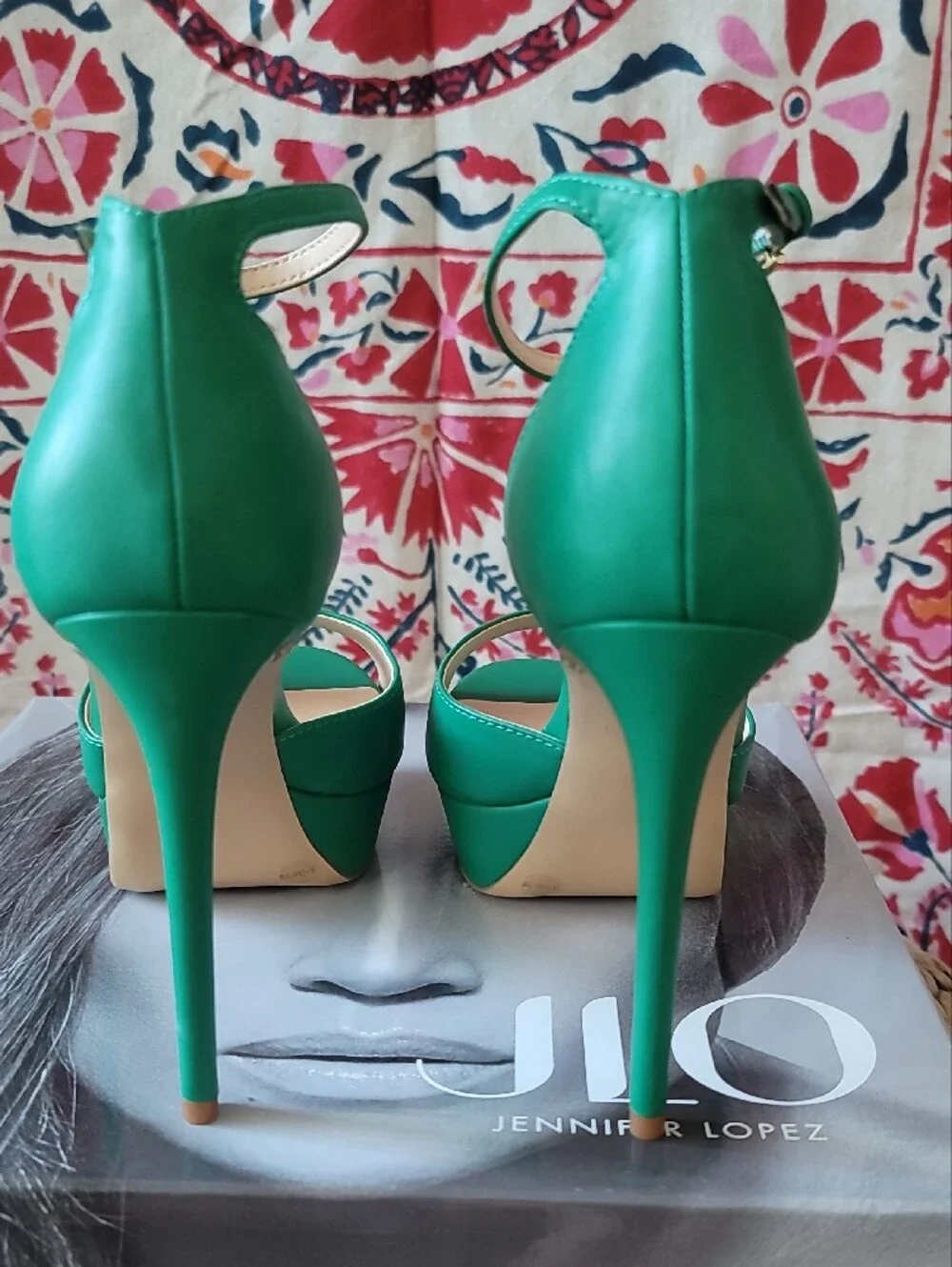Jennifer Lopez Idolina Emerald Green Ankle-Strap Platform Heels